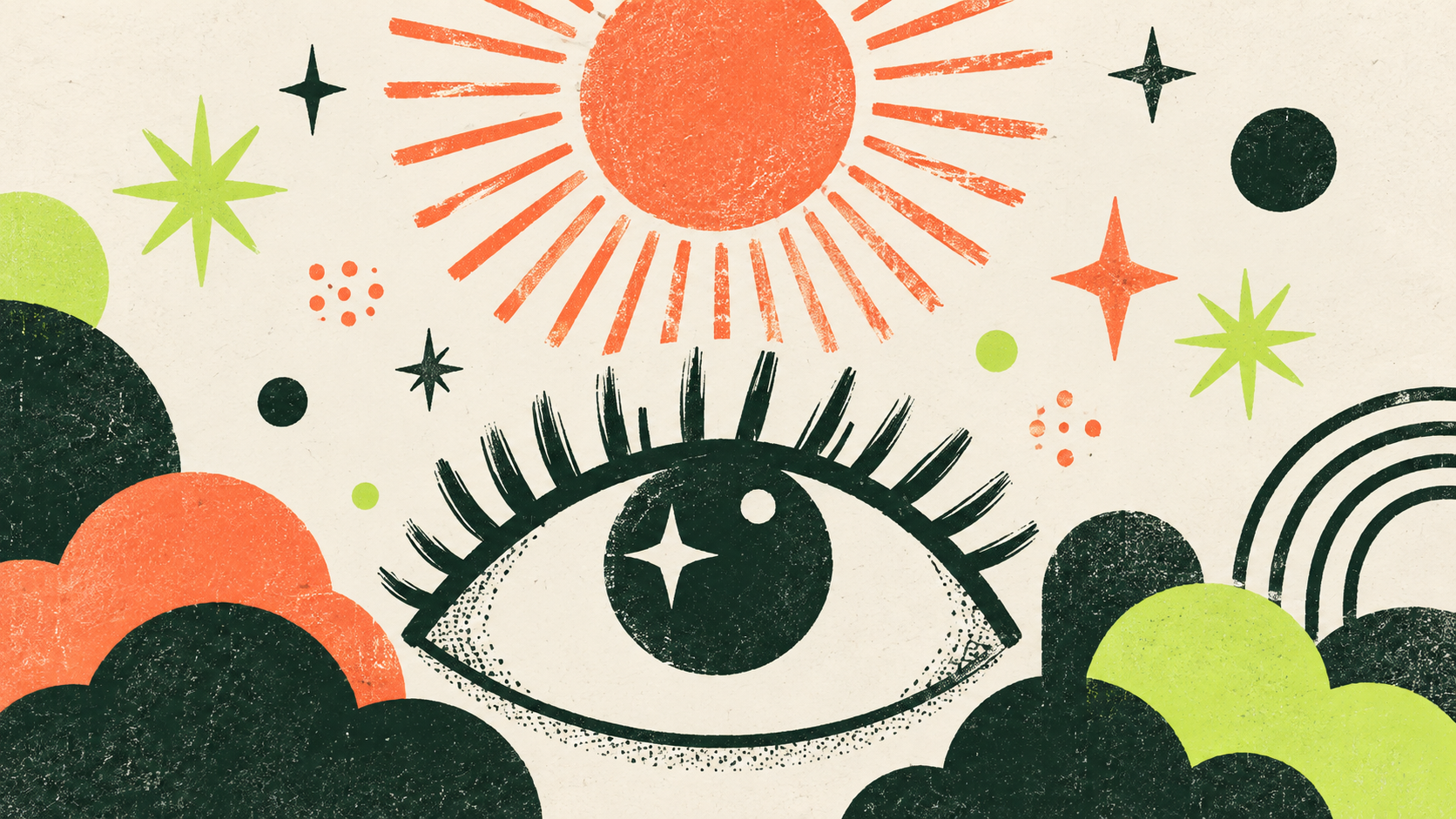 A curious illustrated eye looking toward a bright sun, surrounded by stars and colorful abstract shapes.